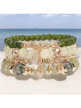 Stacked Green Beaded Bracelet Set with Gold Accents